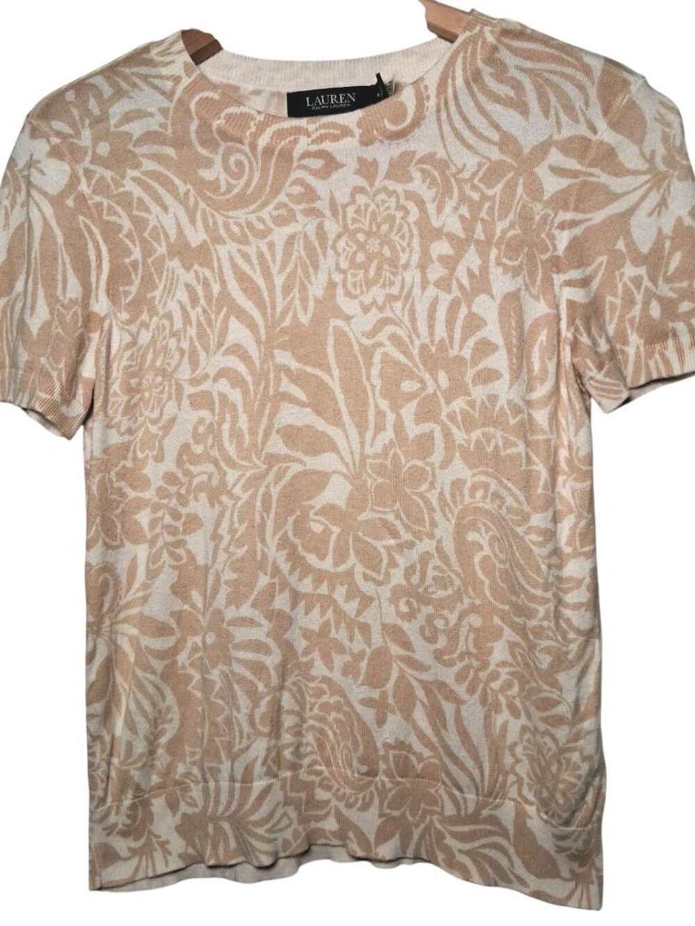 Lauren Ralph Lauren Sweater M Tan Floral Lightweight Cotton Modal Black Label